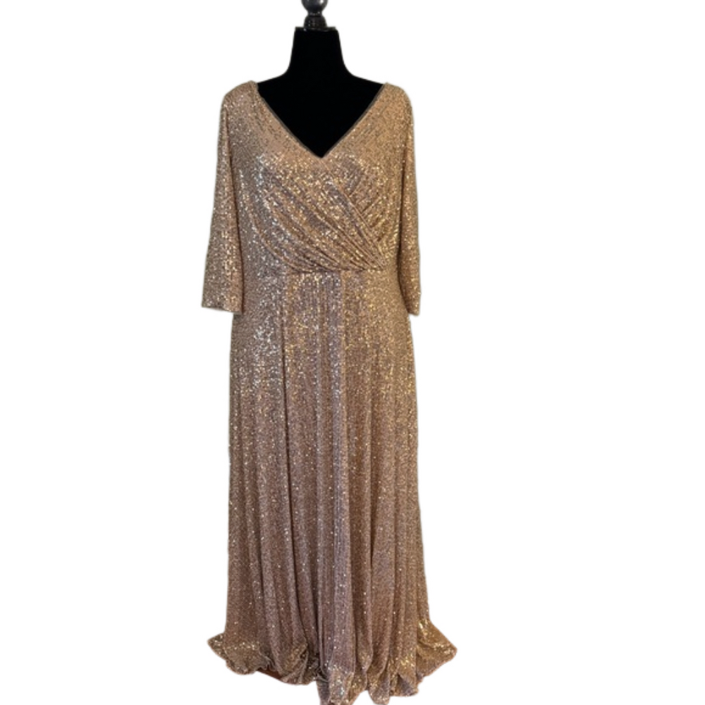 OLEG CASSINI Gold sequin a-line 3/4 length sleeve v neck stretch gown 20W